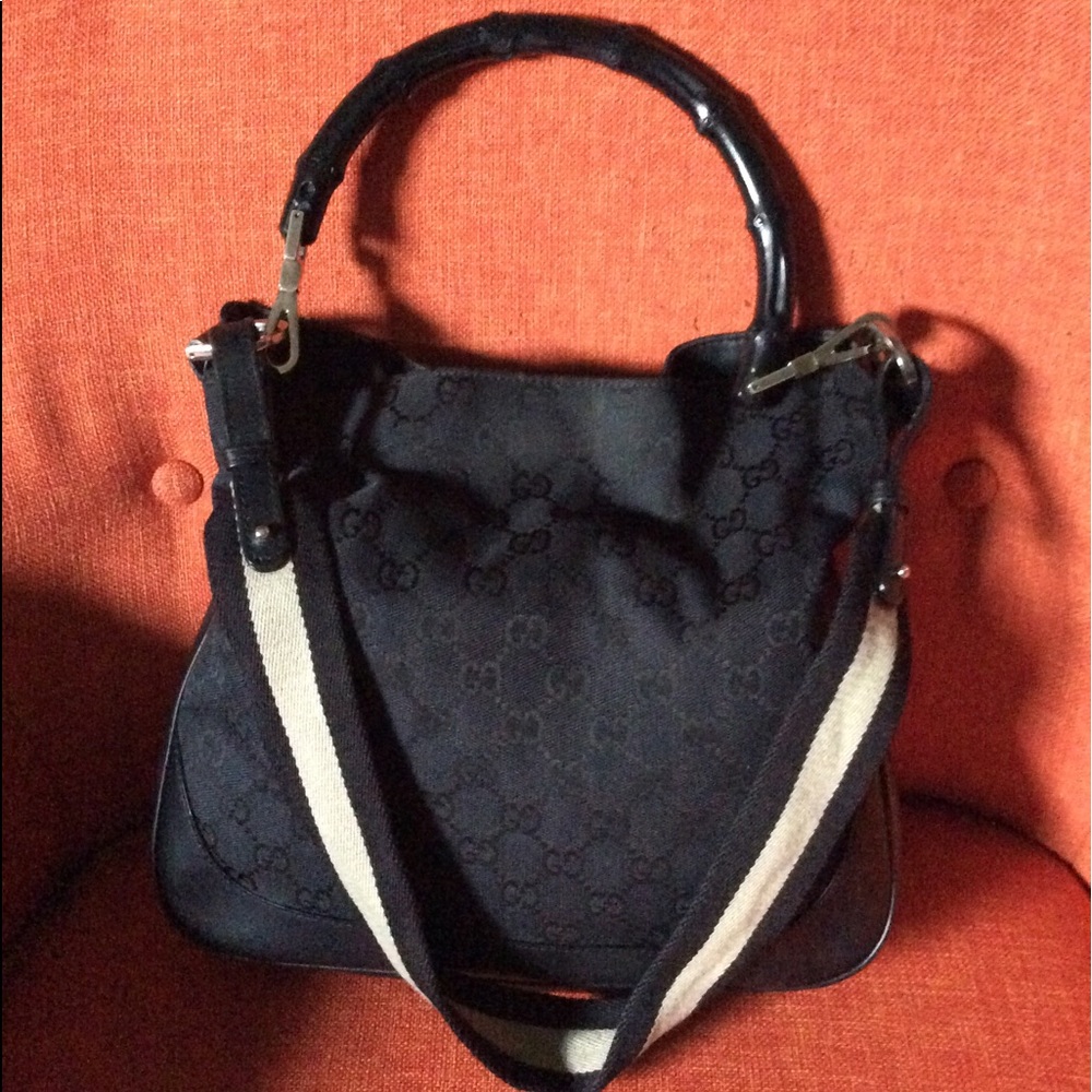 Gucci Black Canvas Shoulder Bag with Cream Strap